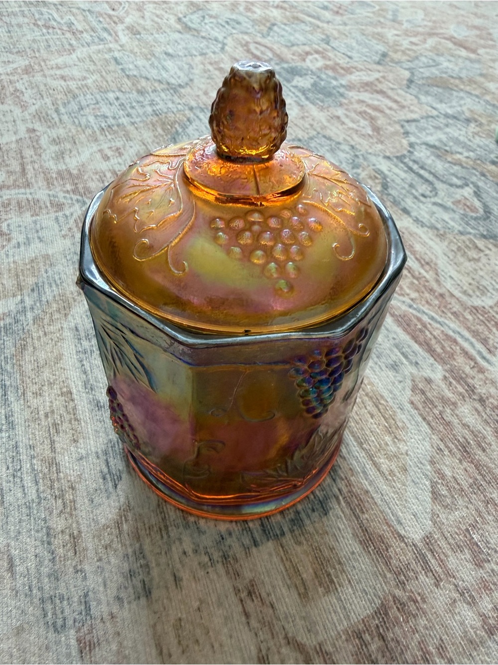 Vintage Indiana Glass Company Iridescent Amber Carnival Glass Lidded Jar